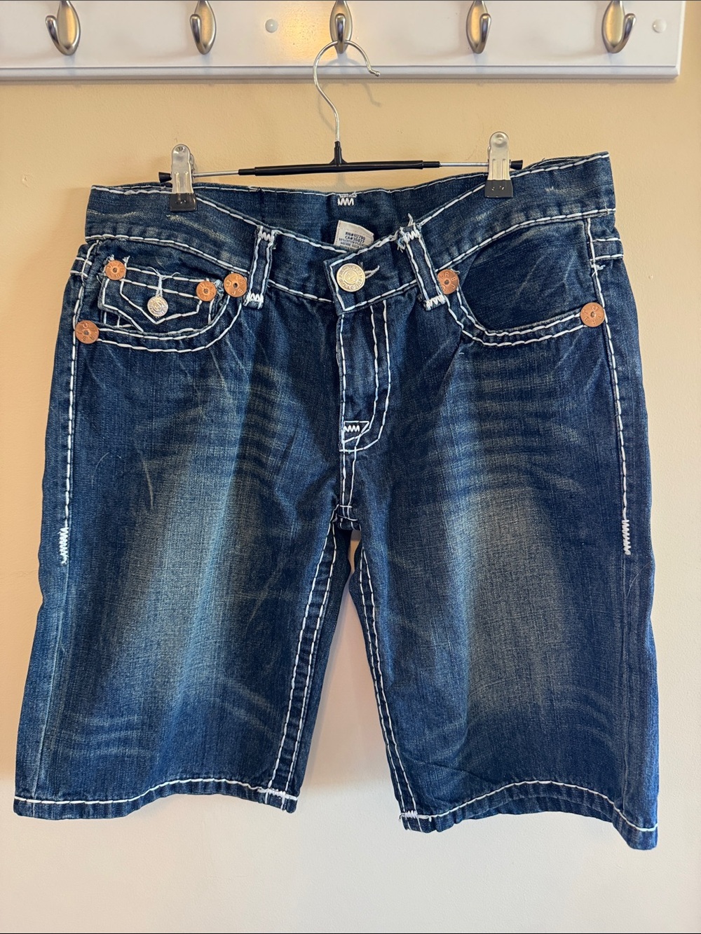 True Religion Dark Indigo Jeans with White Stitching and Branded Button